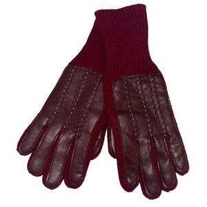 Womens Gloves Sz S/M Vintage Leather + Knit Maroon Embroidered Outdoorsy Retro
